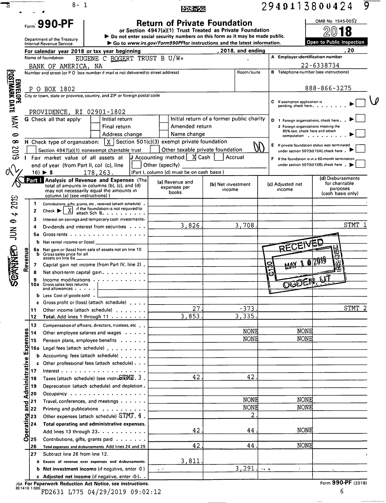 Image of first page of 2018 Form 990PF for Eugene C Bogert Trust B Uw