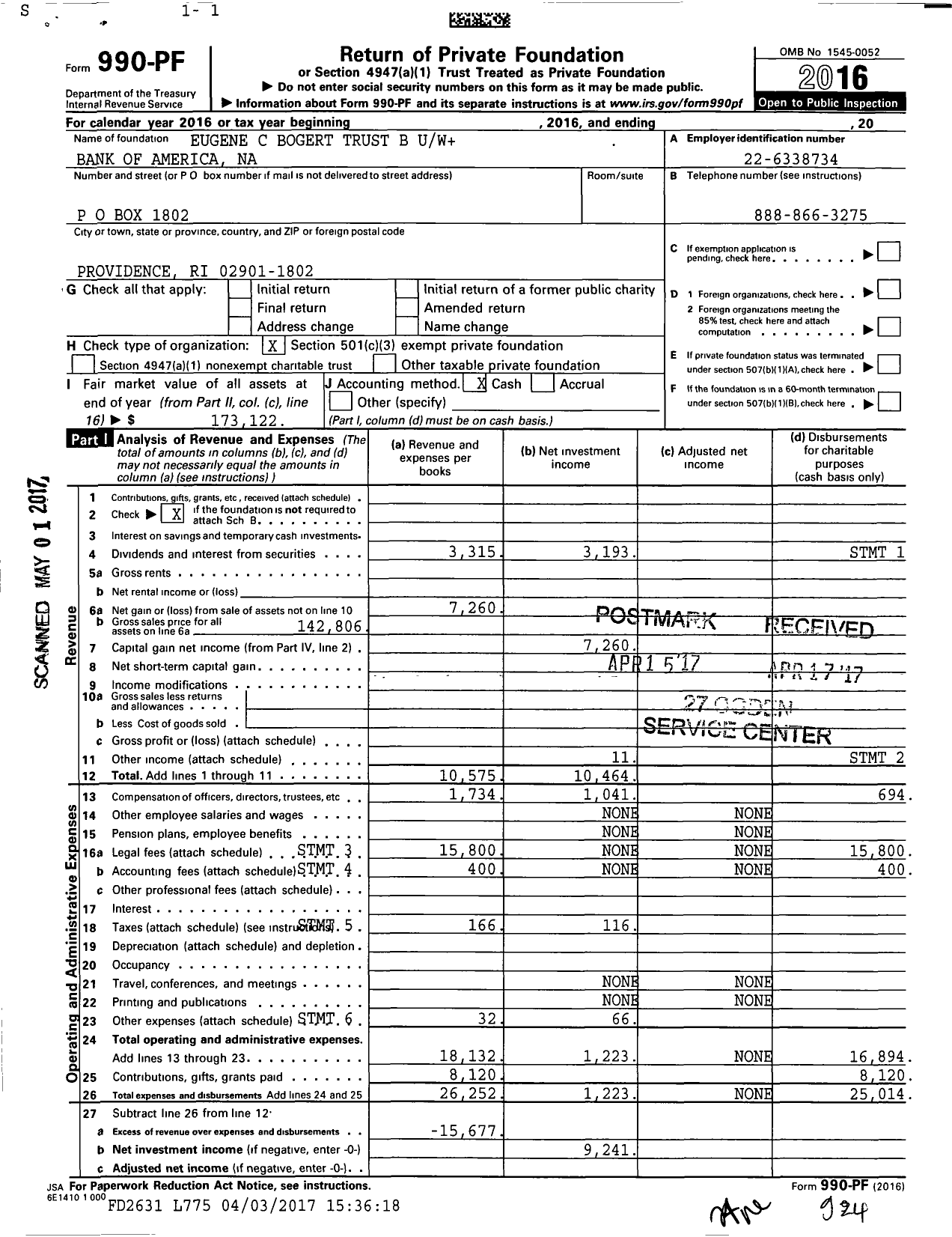 Image of first page of 2016 Form 990PF for Eugene C Bogert Trust B Uw