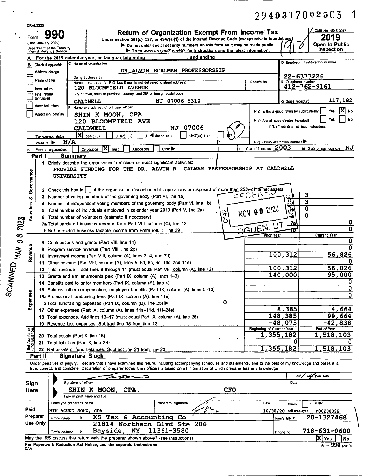 Image of first page of 2019 Form 990 for Dr Alvin R Calman Professorship