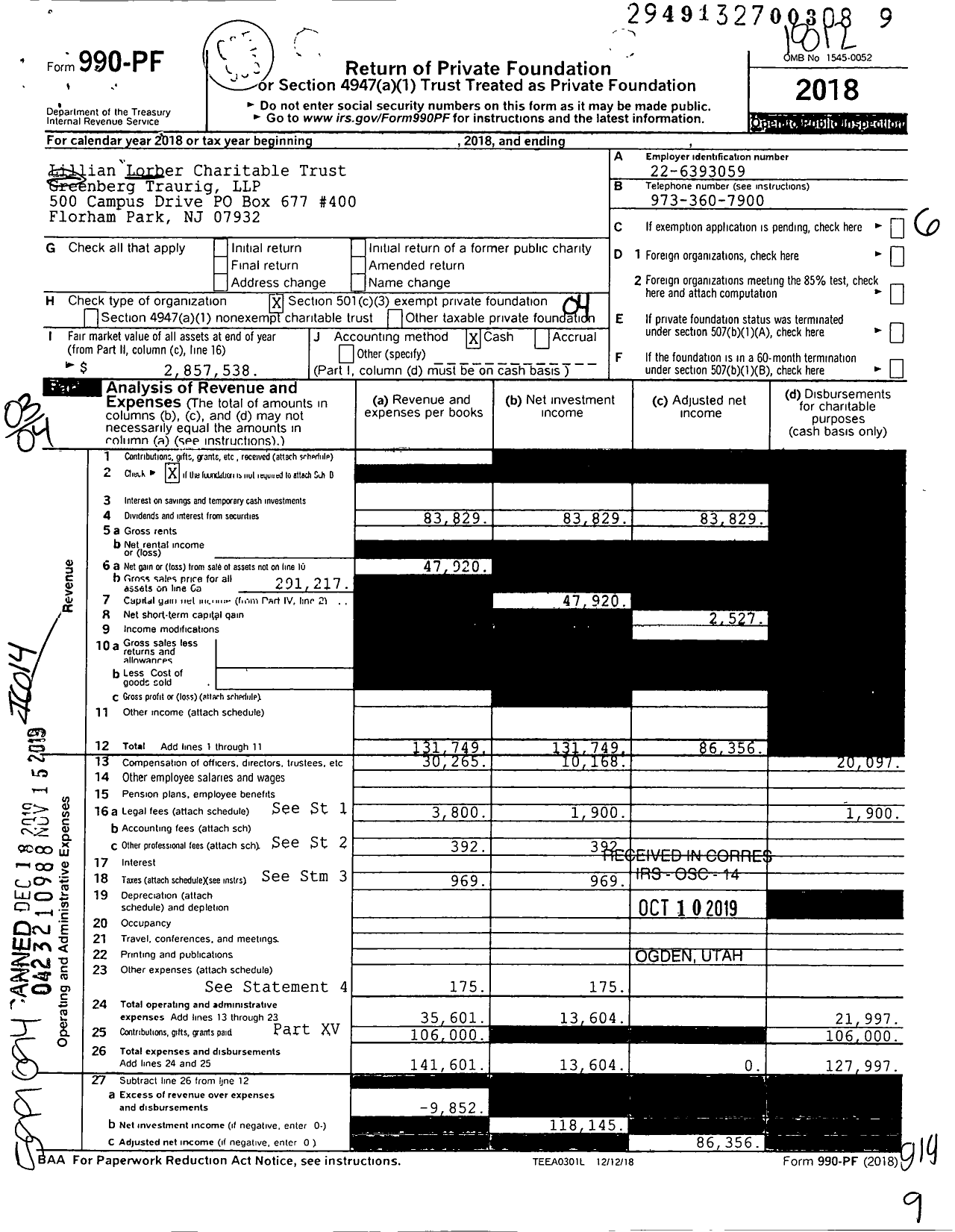Image of first page of 2018 Form 990PF for Lillian Lorber Charitable Trust Greenberg Traurig LLP