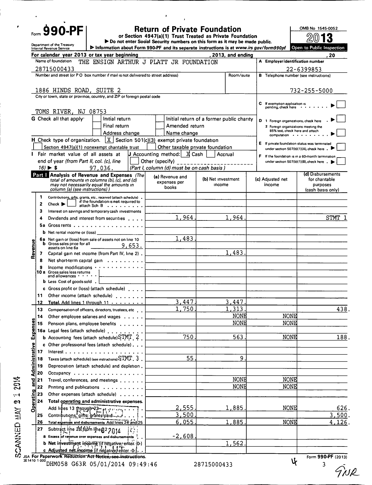 Image of first page of 2013 Form 990PF for Ensign Arthur J Platt JR Foundation