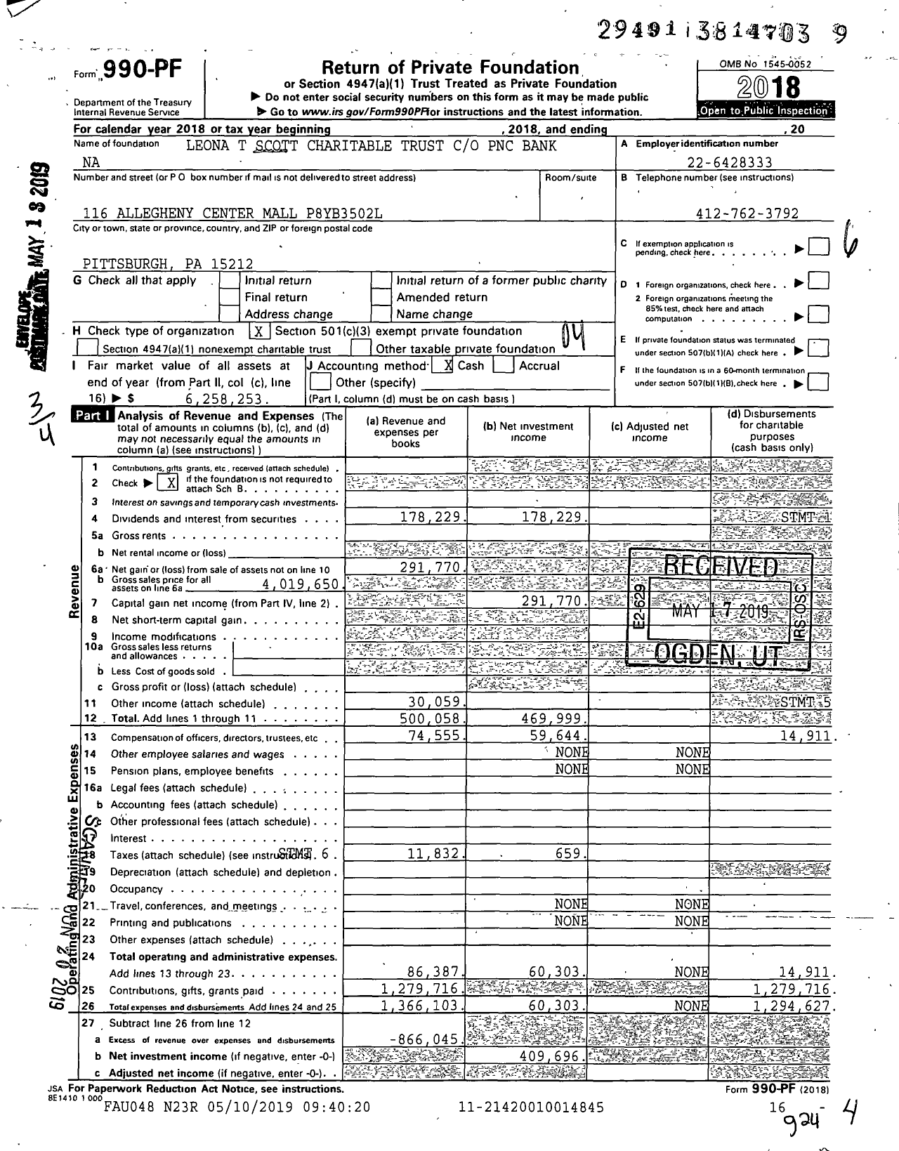 Image of first page of 2018 Form 990PF for Leona T Scott Charitable Trust PNC Bank