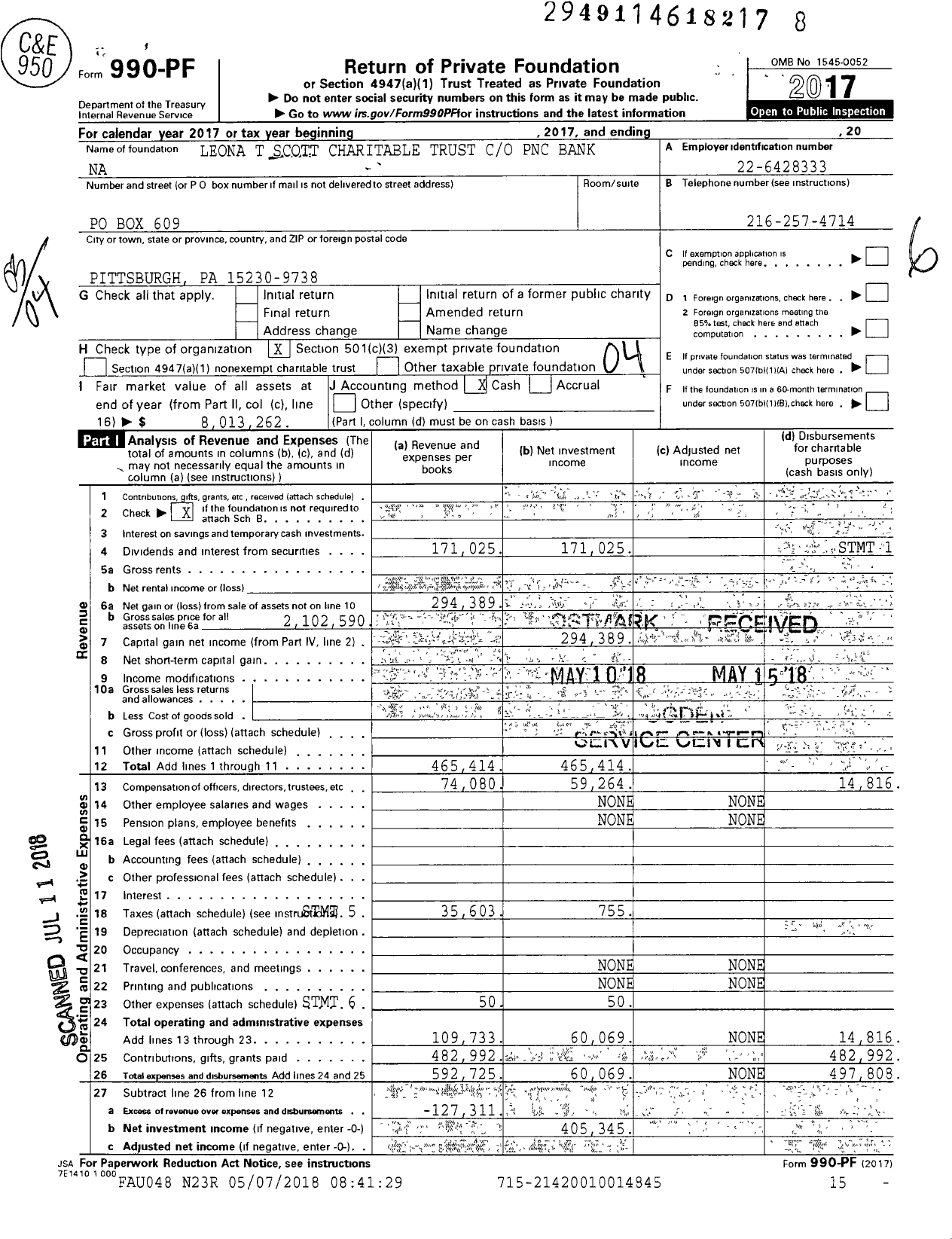 Image of first page of 2017 Form 990PF for Leona T Scott Charitable Trust PNC Bank