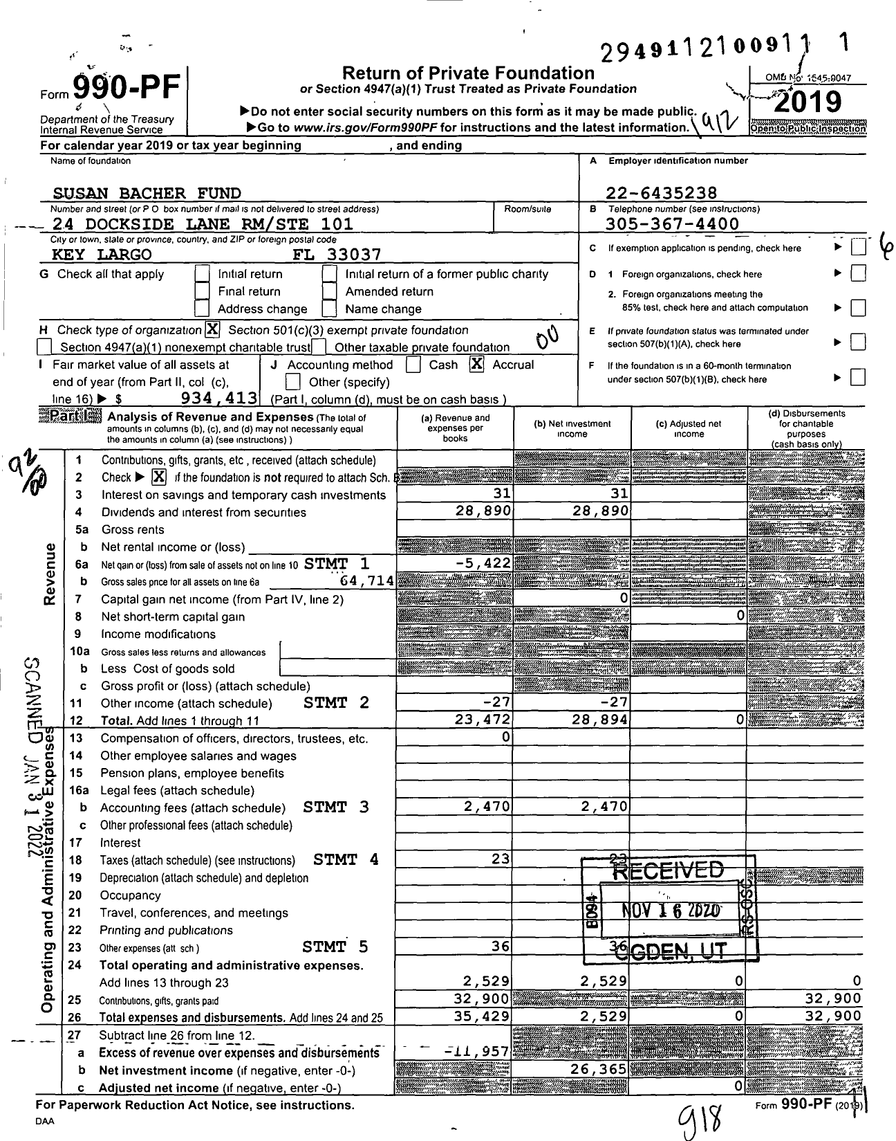 Image of first page of 2019 Form 990PF for Susan Bacher Fund