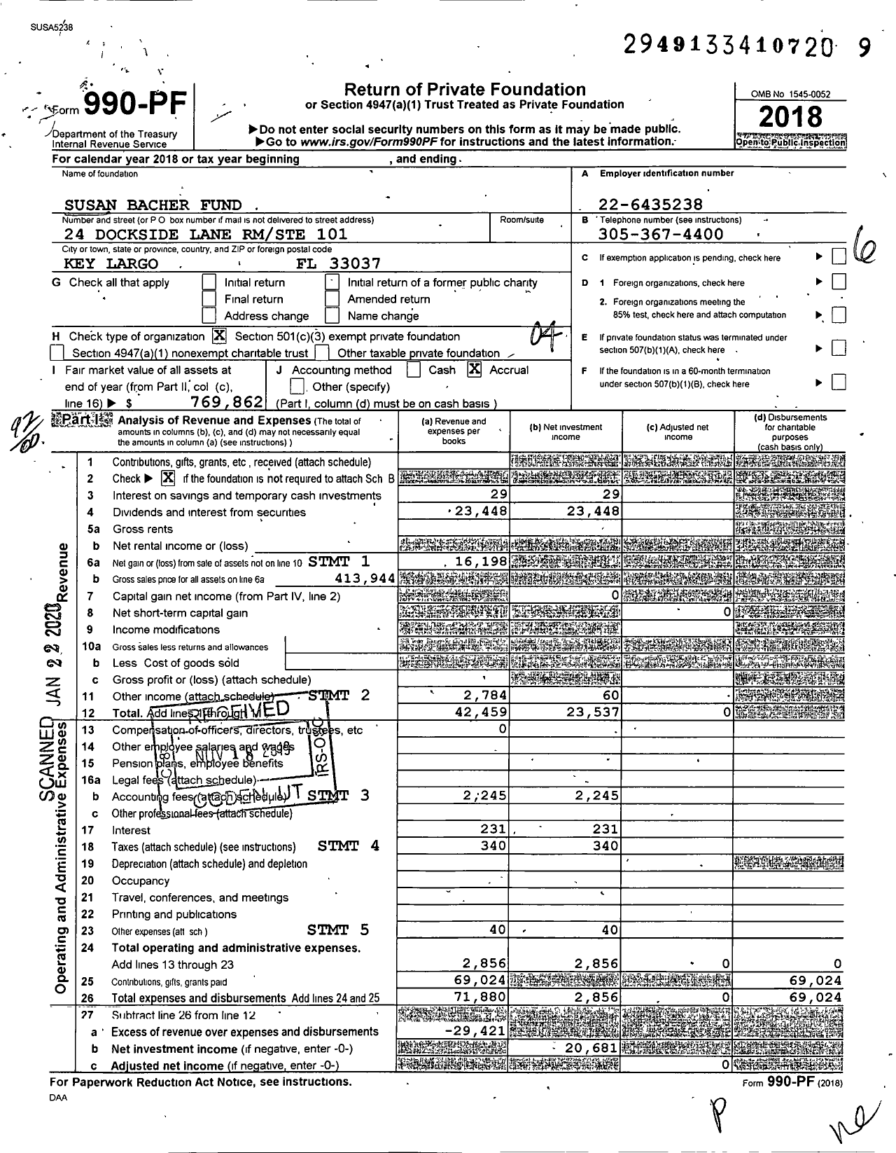 Image of first page of 2018 Form 990PF for Susan Bacher Fund