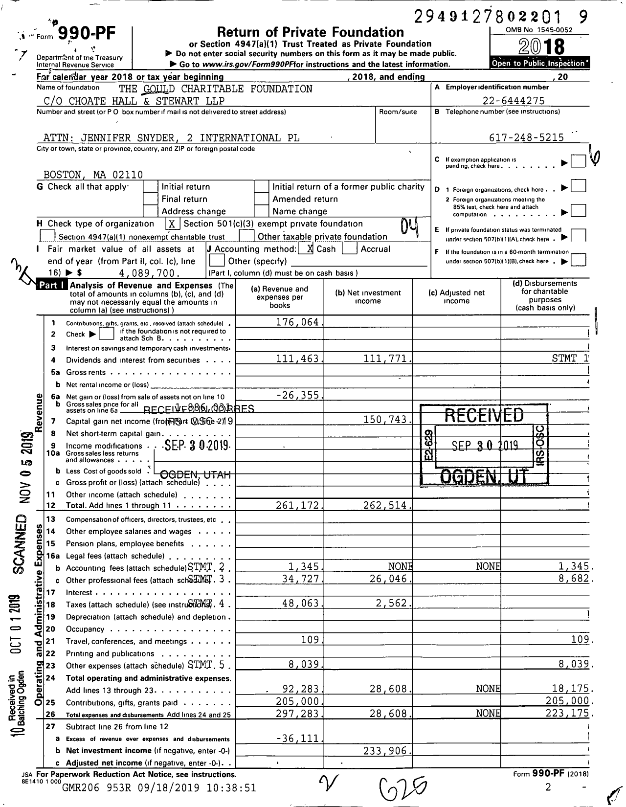 Image of first page of 2018 Form 990PF for The Gould Charitable Foundation