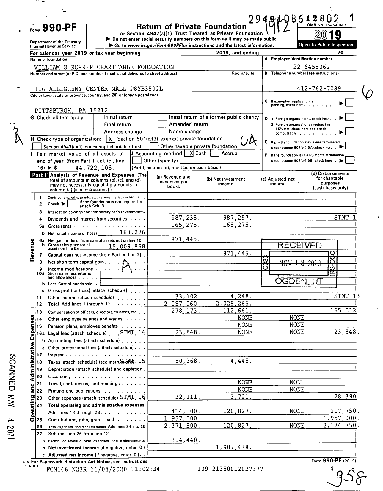 Image of first page of 2019 Form 990PF for William G Rohrer Charitable Foundation