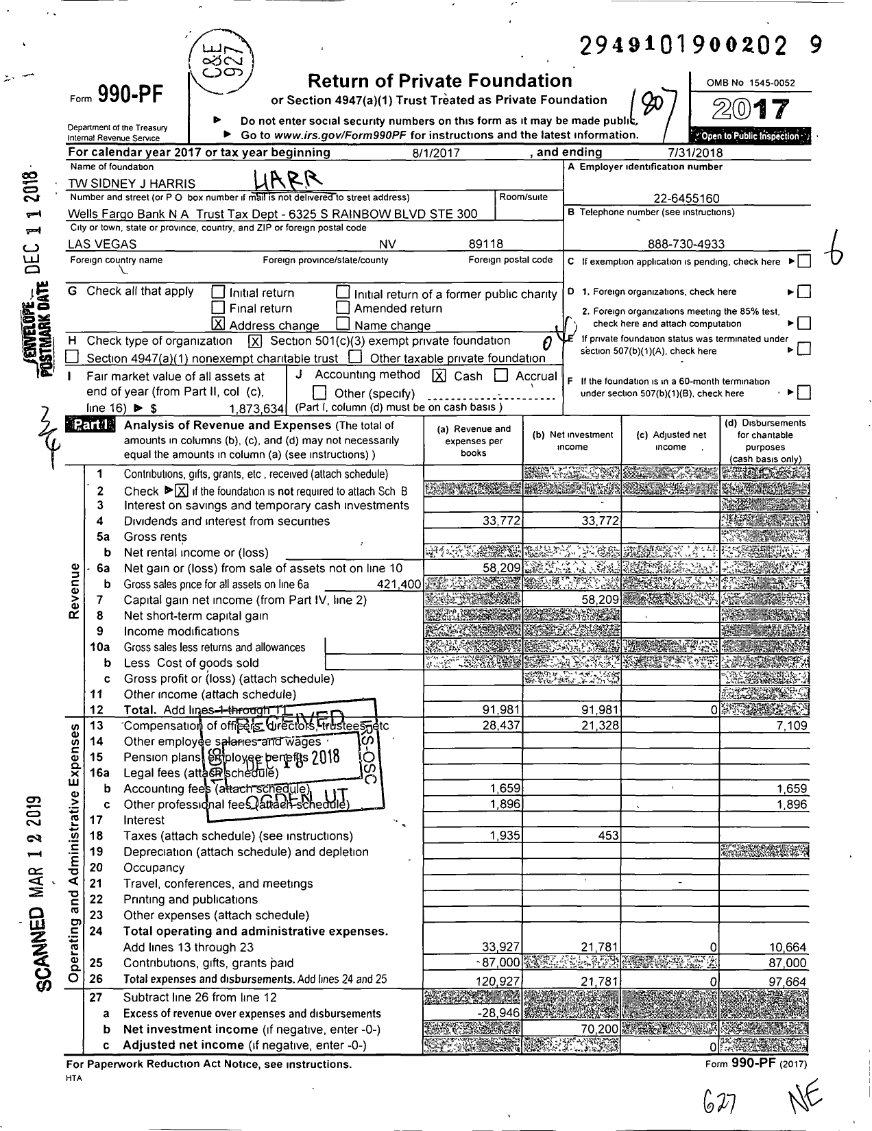 Image of first page of 2017 Form 990PF for TW Sidney J Harris