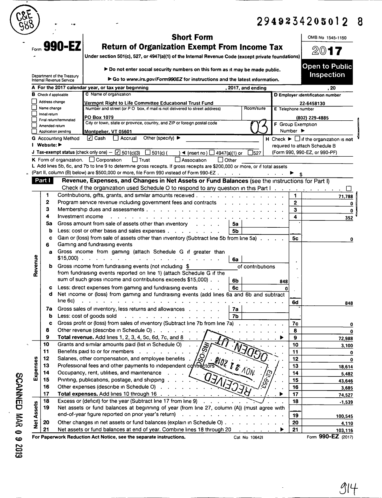 Image of first page of 2017 Form 990EZ for Vermont Right to Life Committee Educational Trust Fund