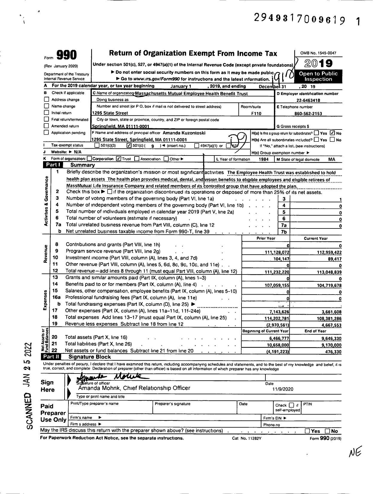 Image of first page of 2019 Form 990O for Massachusetts Mutual Employee Health Benefit Trust