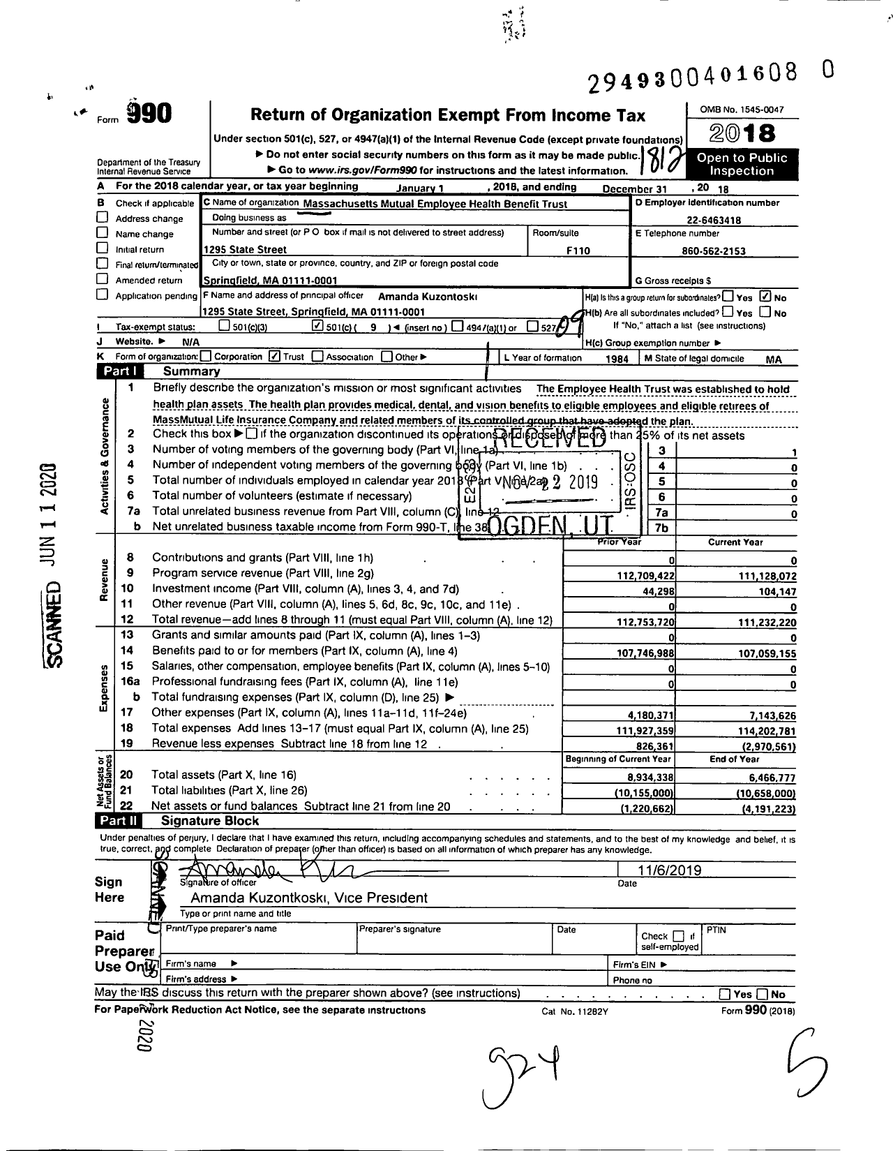 Image of first page of 2018 Form 990O for Massachusetts Mutual Employee Health Benefit Trust