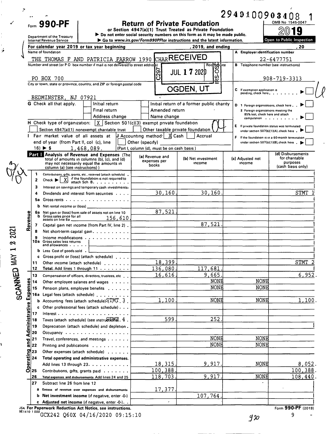 Image of first page of 2019 Form 990PF for Farrow TP 1990 Char