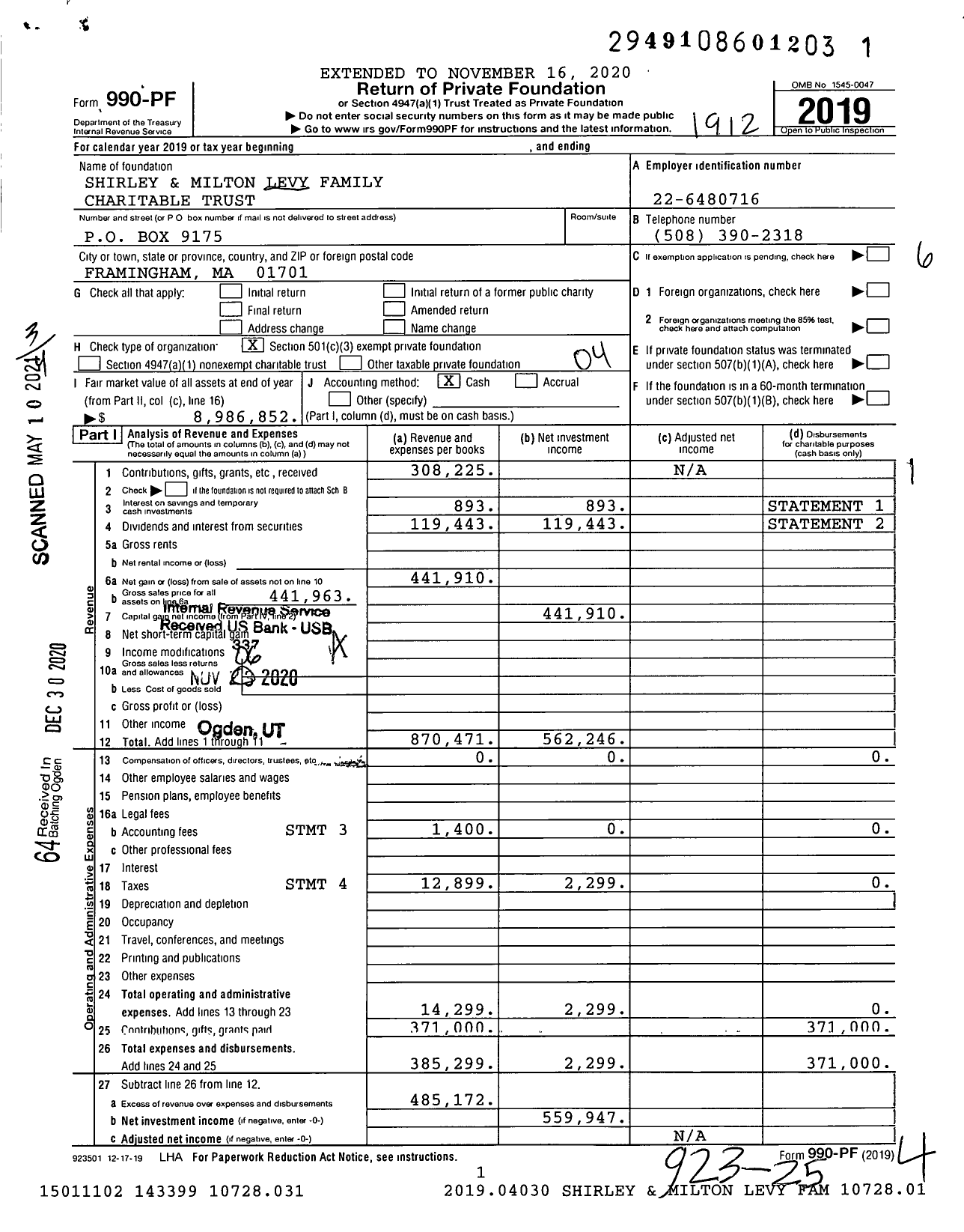 Image of first page of 2019 Form 990PF for Shirley and Milton Levy Family Charitable Trust