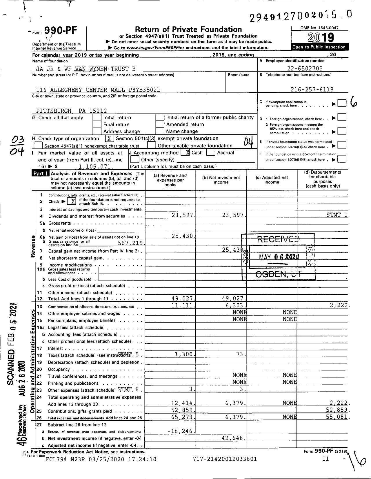 Image of first page of 2019 Form 990PF for Ja JR and WF Van Wynen-Trust B