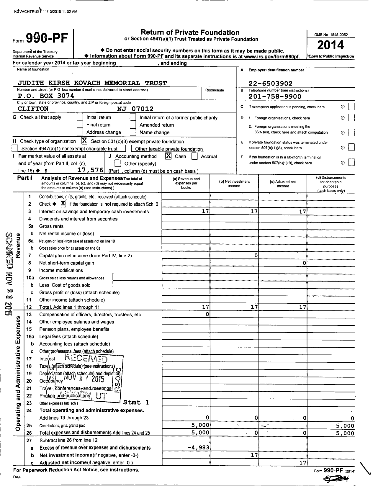 Image of first page of 2014 Form 990PF for Judith Kirsh Kovach Memorial Trust