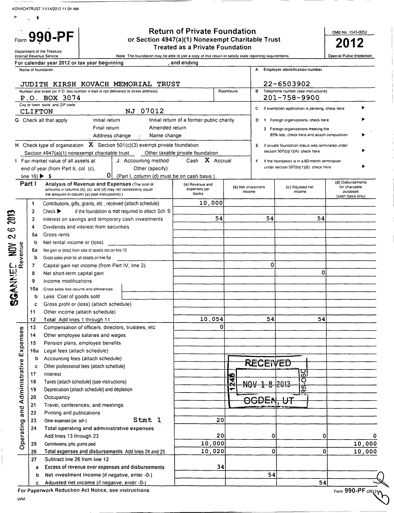 Image of first page of 2012 Form 990PF for Judith Kirsh Kovach Memorial Trust