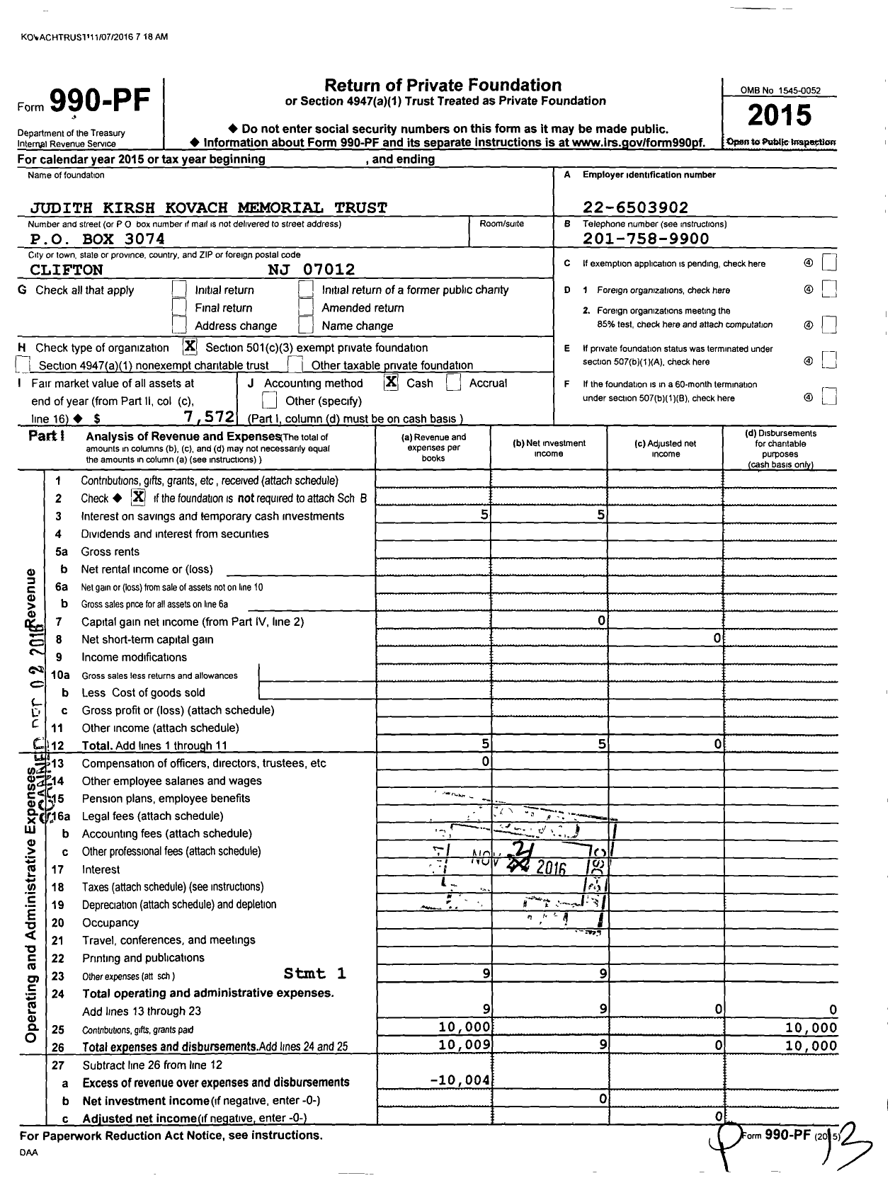 Image of first page of 2015 Form 990PF for Judith Kirsh Kovach Memorial Trust