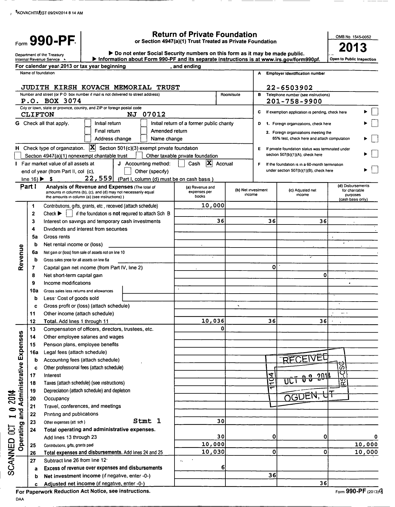 Image of first page of 2013 Form 990PF for Judith Kirsh Kovach Memorial Trust