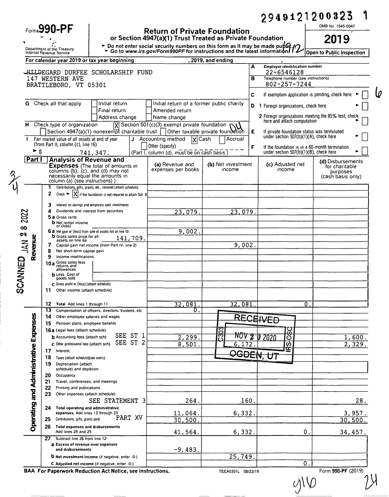 Image of first page of 2019 Form 990PF for Hildegard Durfee Scholarship Fund