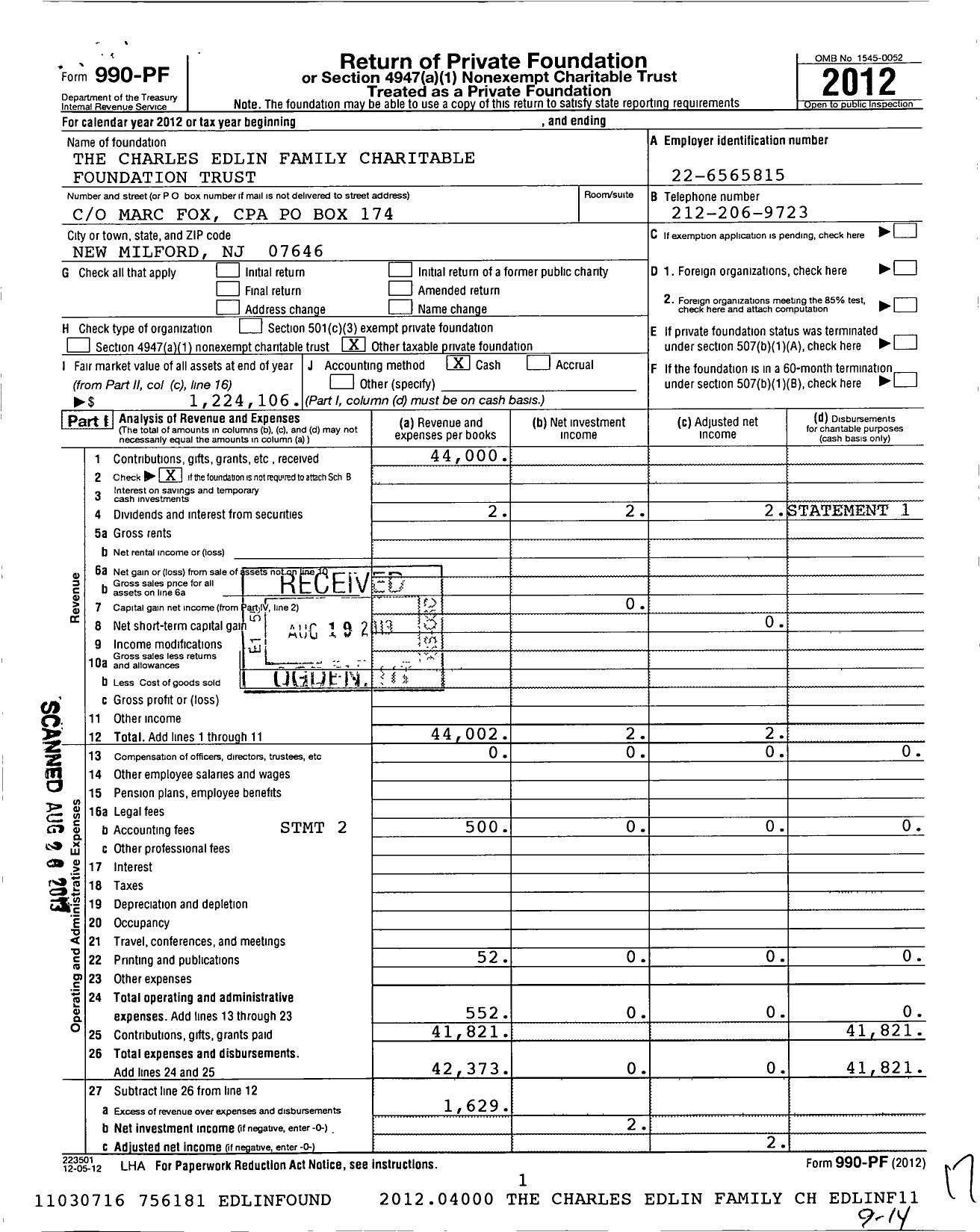 Image of first page of 2012 Form 990PF for Charles Edlin Family Charitable Foundation Trust
