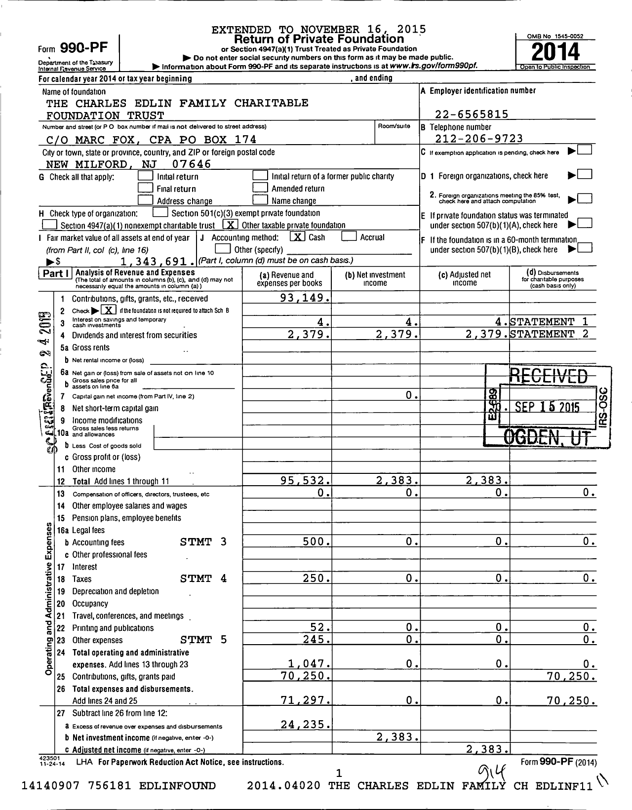 Image of first page of 2014 Form 990PF for Charles Edlin Family Charitable Foundation Trust