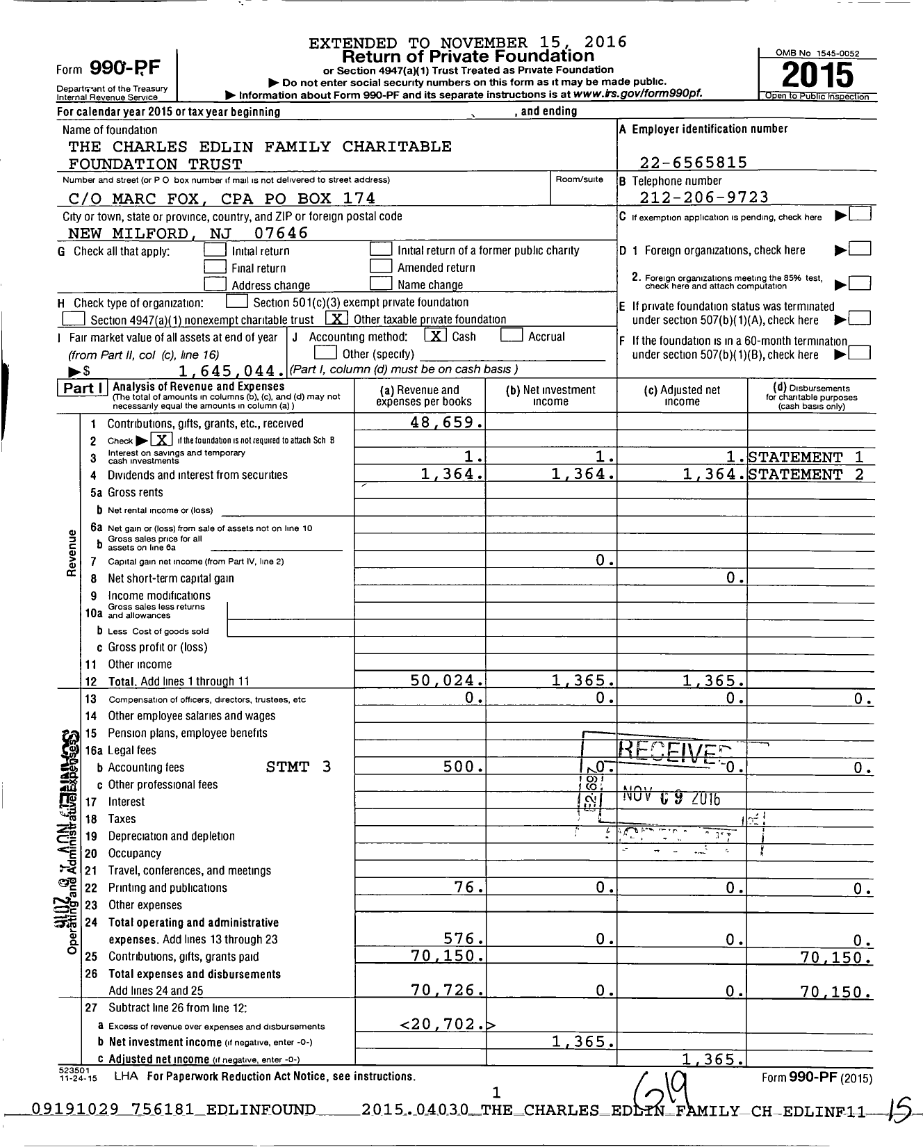 Image of first page of 2015 Form 990PF for Charles Edlin Family Charitable Foundation Trust
