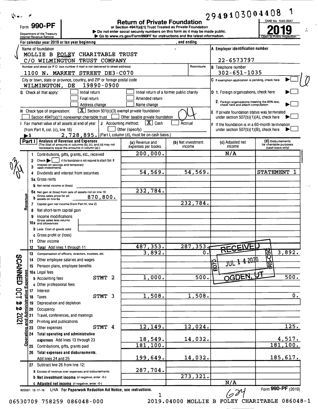 Image of first page of 2019 Form 990PF for Mollie B Foley Charitable Trust 086048-000