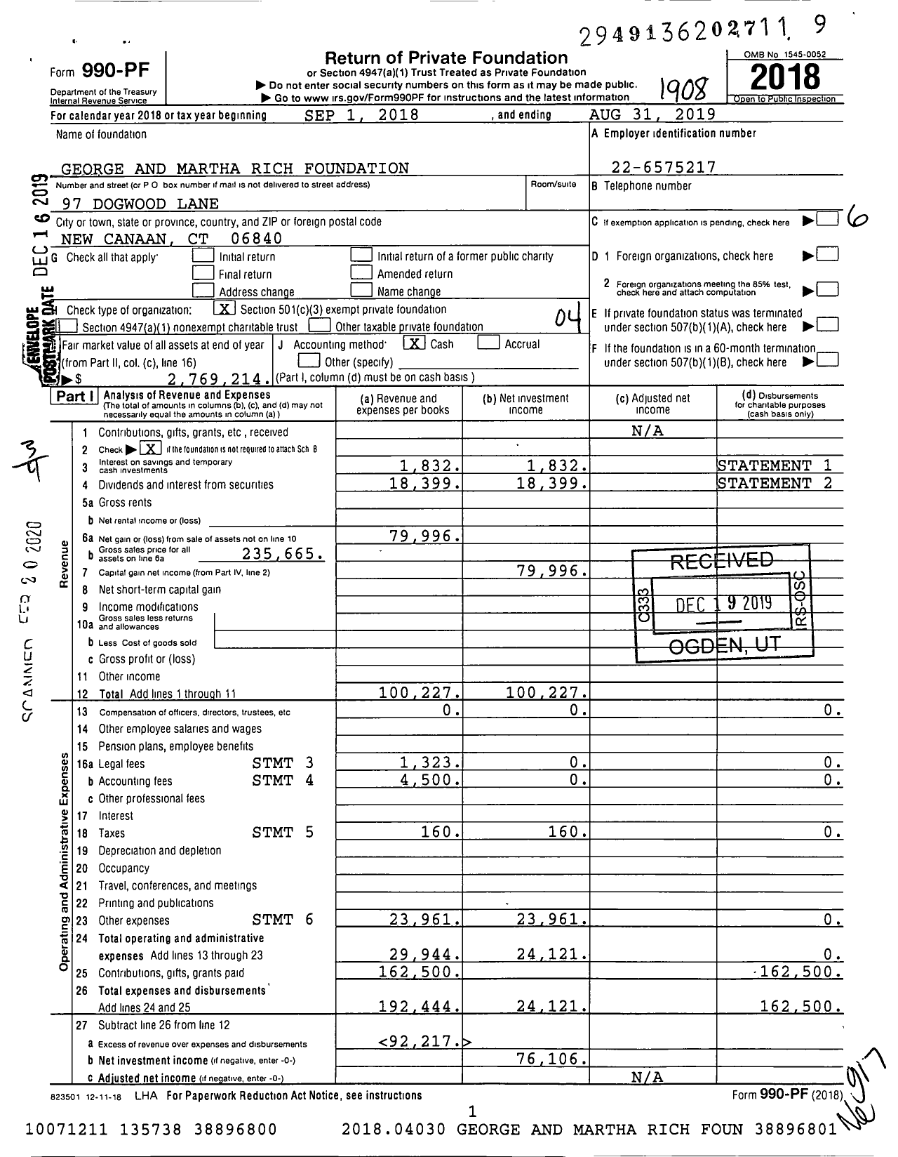 Image of first page of 2018 Form 990PF for George and Martha Rich Foundation