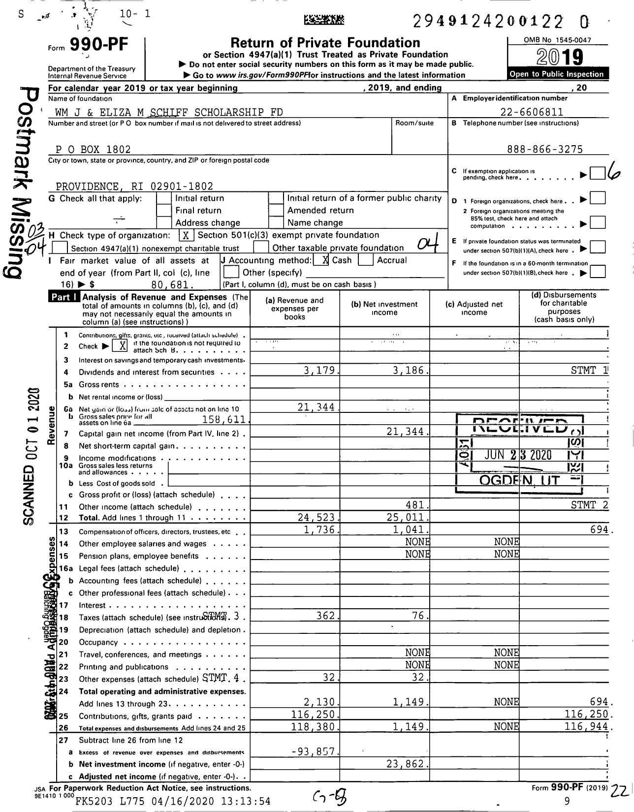 Image of first page of 2019 Form 990PR for WM J and Eliza M Schiff Scholarship Fund