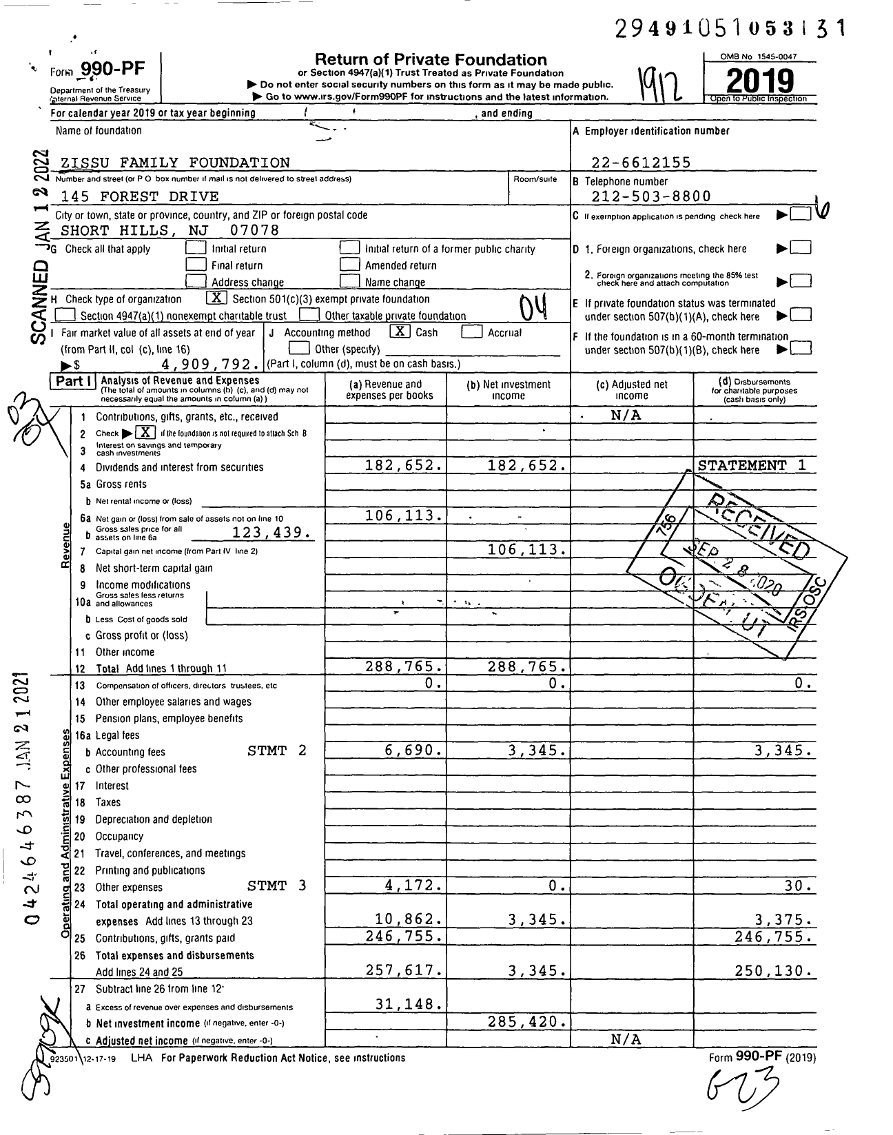 Image of first page of 2019 Form 990PF for Zissu Family Foundation