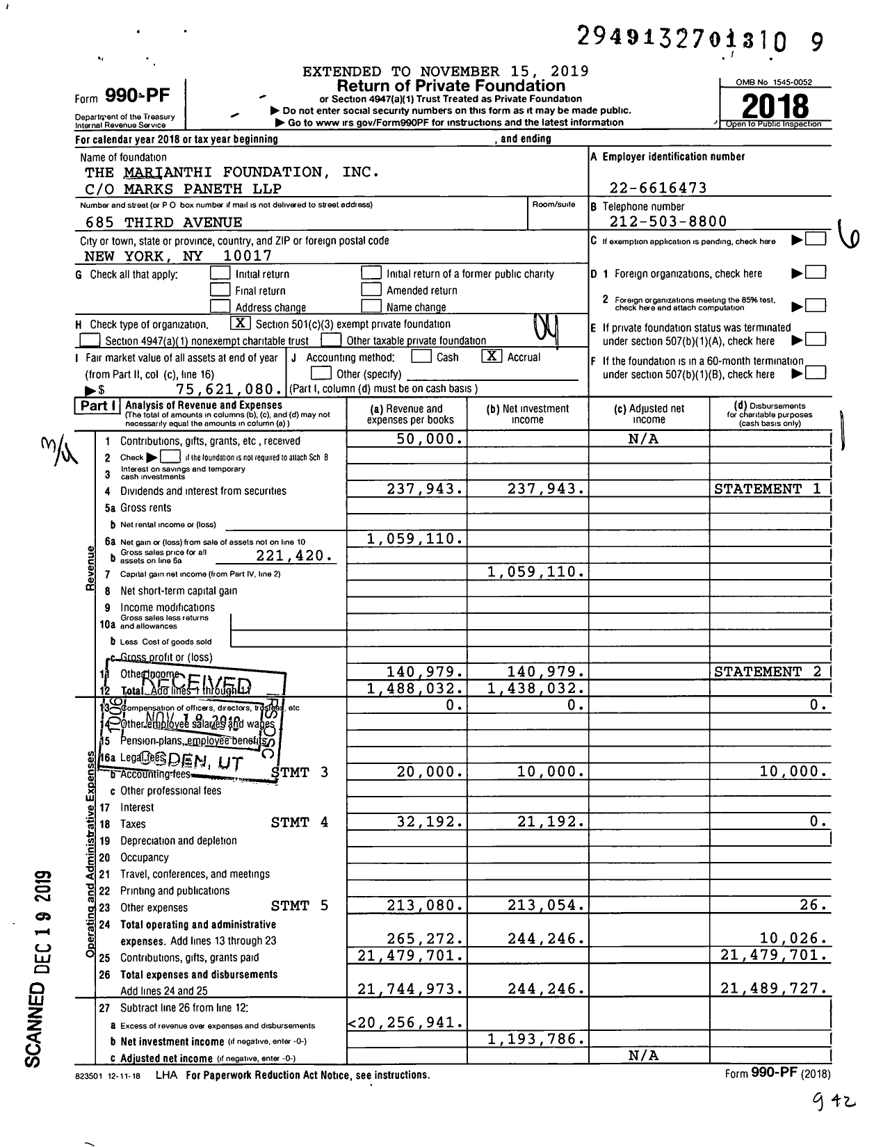 Image of first page of 2018 Form 990PF for Marianthi Foundation