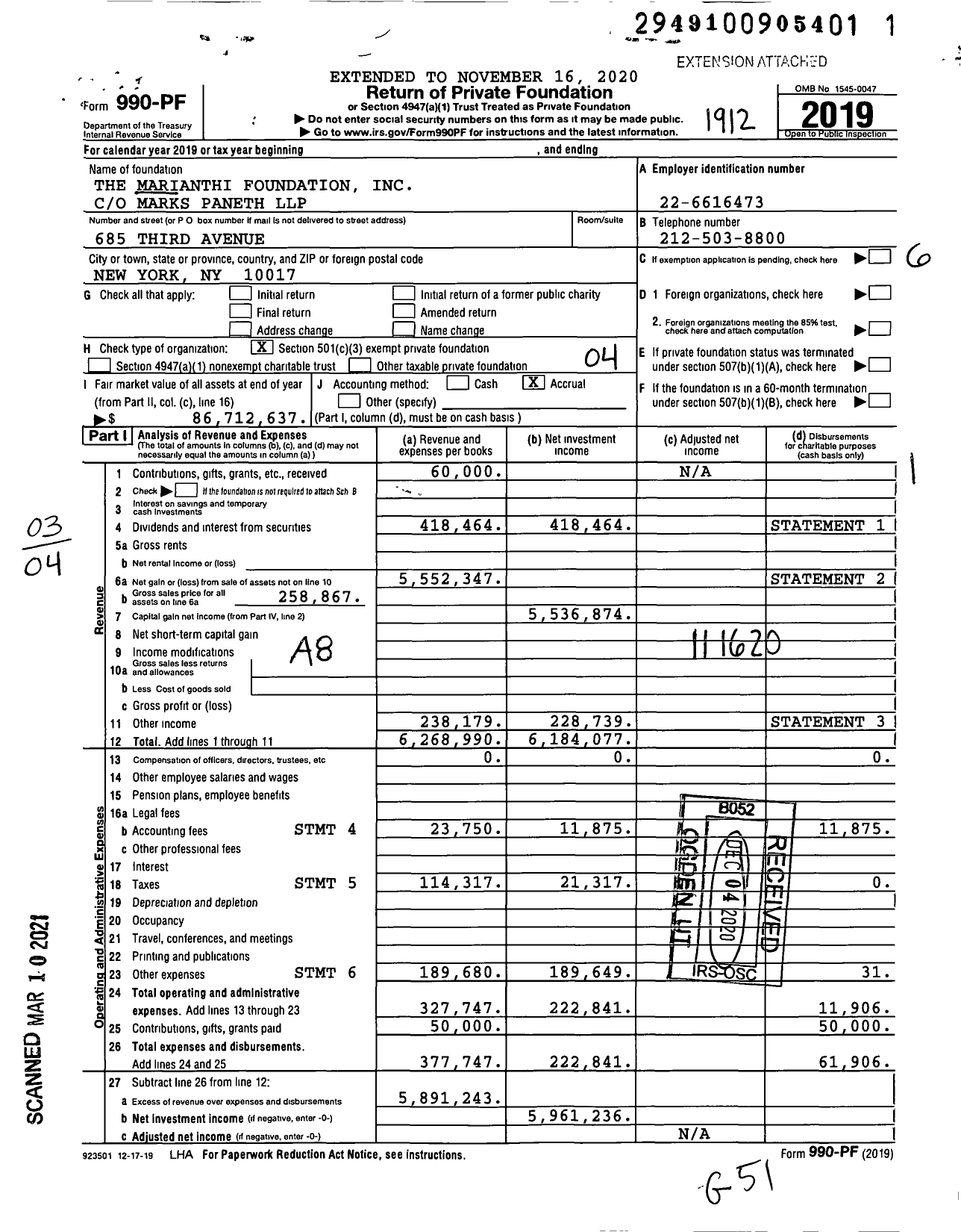 Image of first page of 2019 Form 990PF for Marianthi Foundation