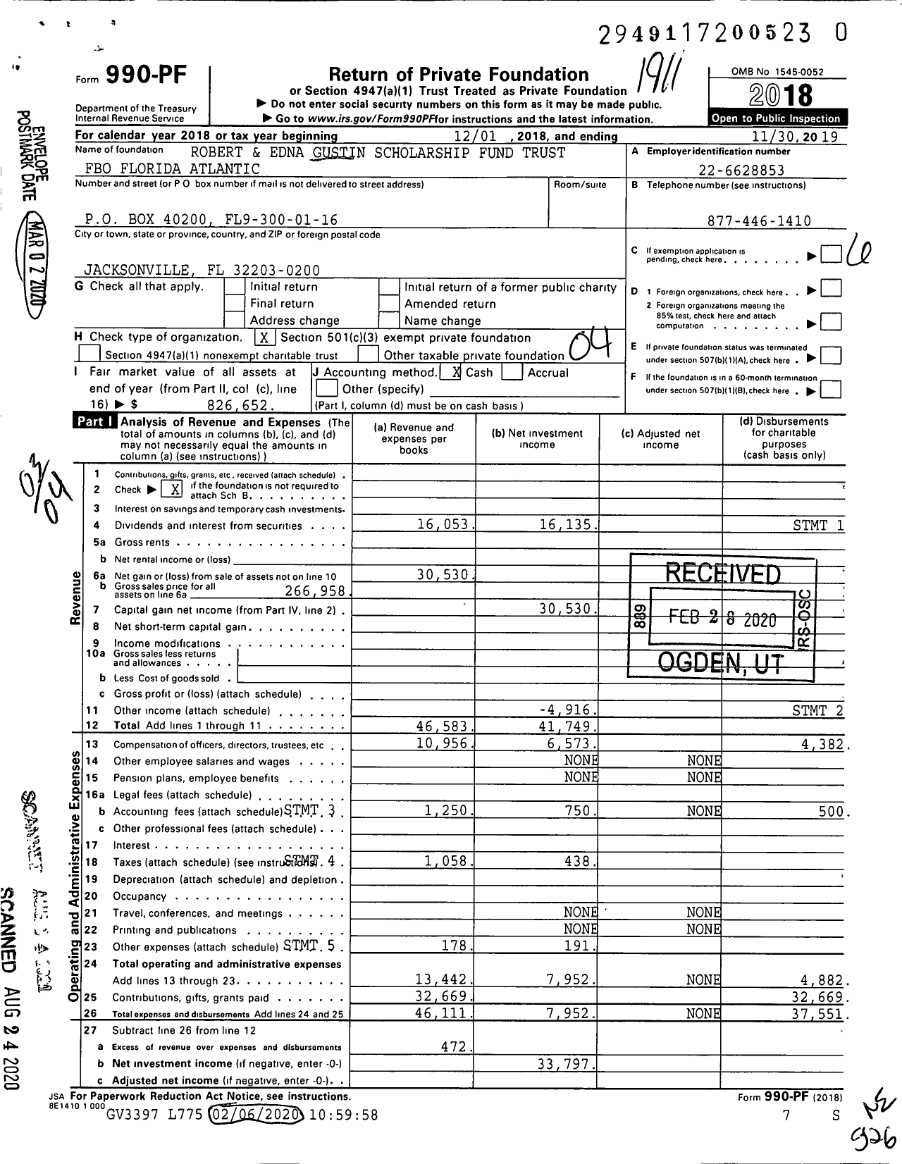 Image of first page of 2018 Form 990PR for Robert and Edna Gustin Scholarship Fund Trust / University