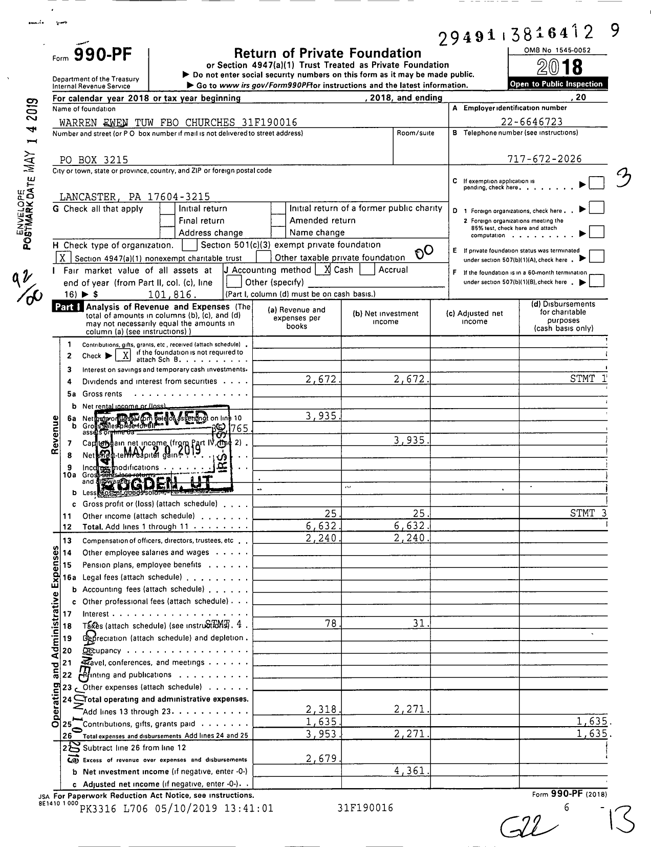 Image of first page of 2018 Form 990PF for Warren Ewen Tuw Fbo Churches 31f190016