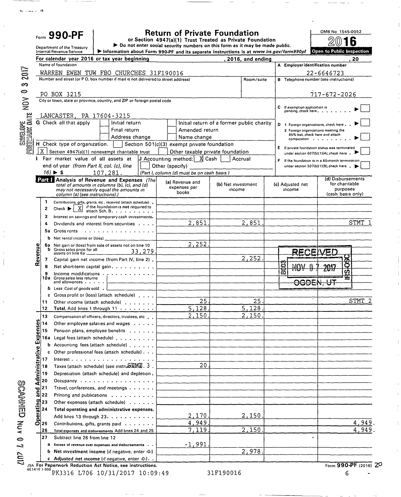 Image of first page of 2016 Form 990PF for Warren Ewen Tuw Fbo Churches 31f190016