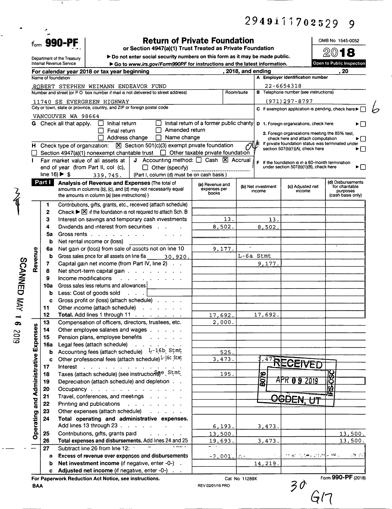 Image of first page of 2018 Form 990PF for Robert Stephen Weimann Endeavor Fund