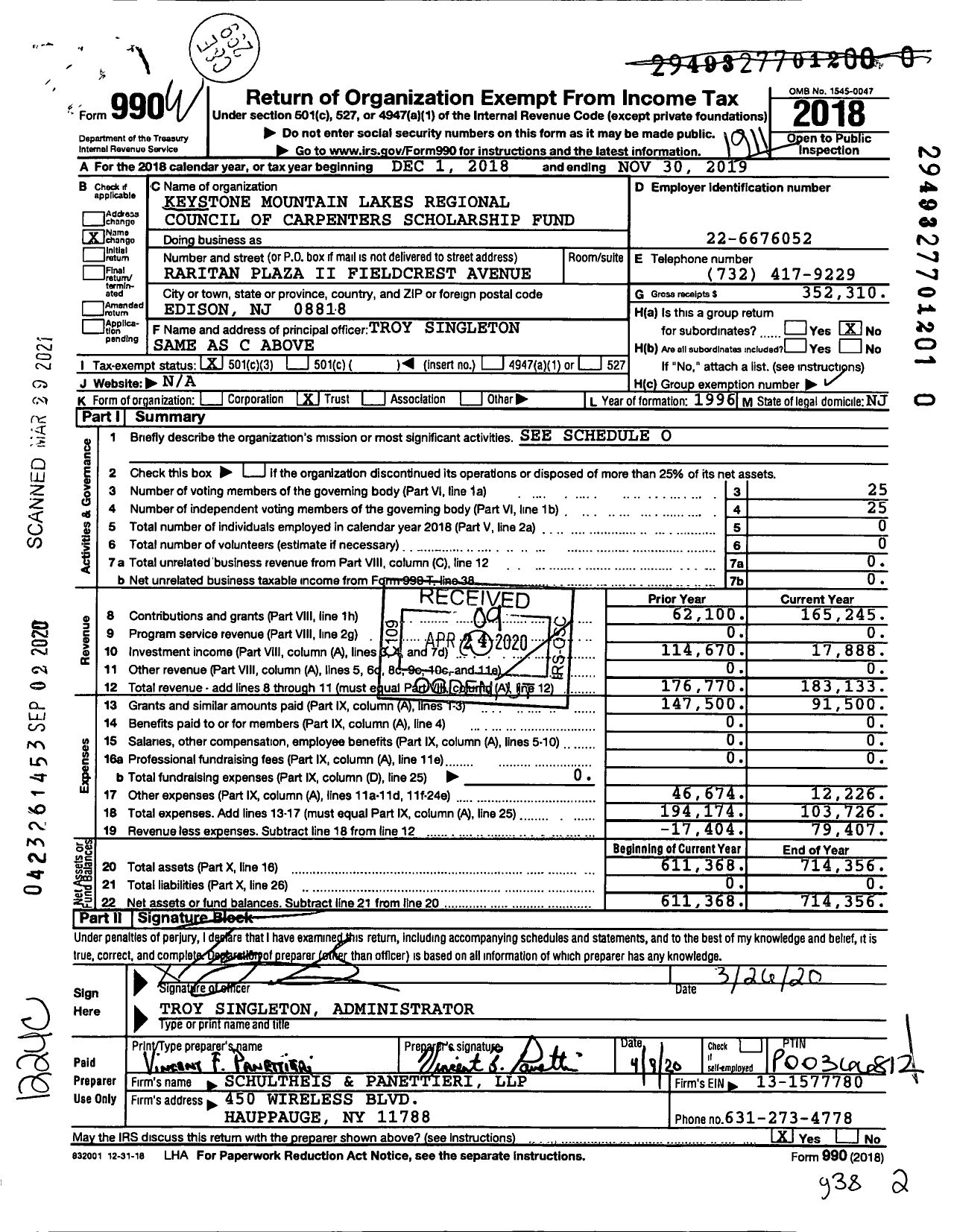 Image of first page of 2018 Form 990 for Eastern Atlantic States Regional Council of Carpenters Scholarship FD A NJ NP Cor