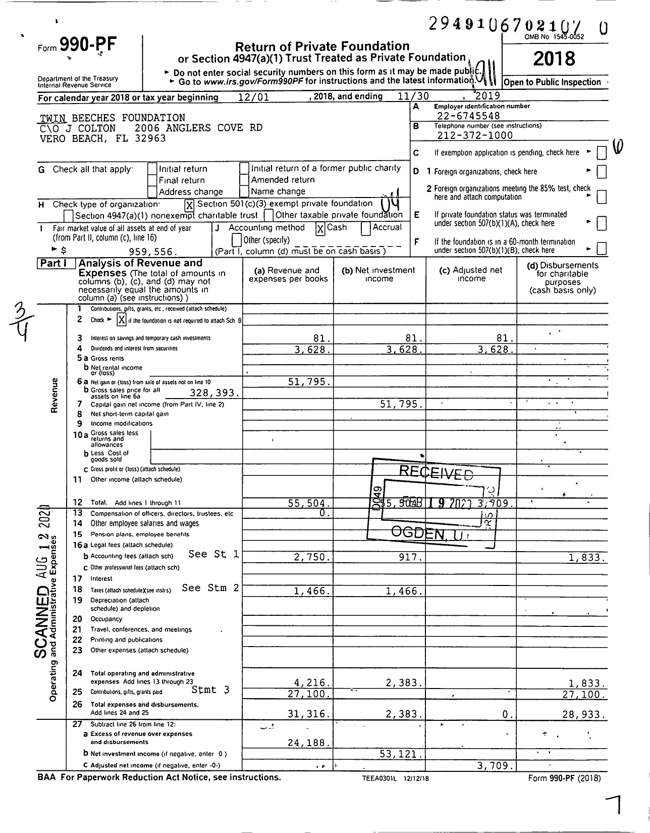 Image of first page of 2018 Form 990PR for Twin Beeches Foundation