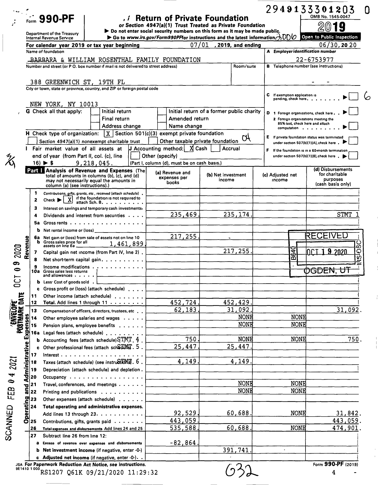 Image of first page of 2019 Form 990PF for Barbara and William Rosenthal Family Foundation