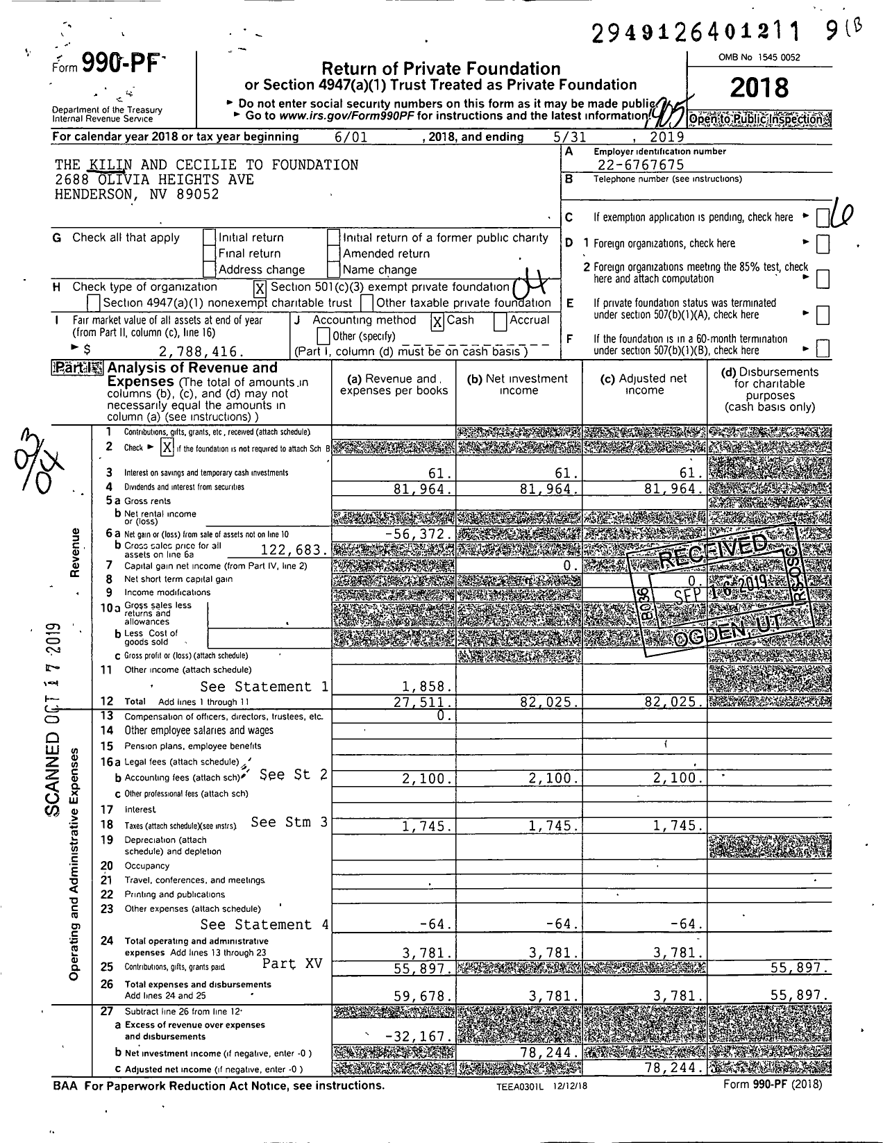 Image of first page of 2018 Form 990PF for The Kilin and Cecilie To Foundation