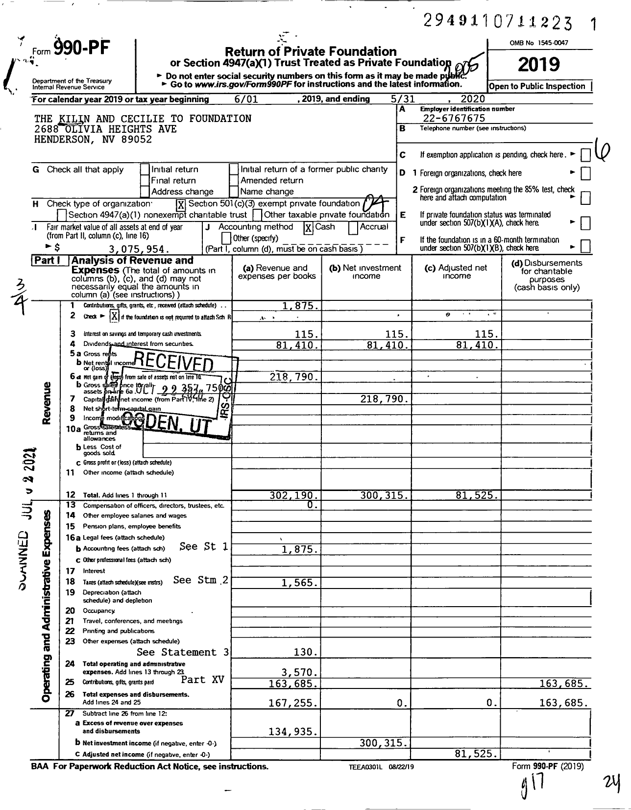 Image of first page of 2019 Form 990PF for The Kilin and Cecilie To Foundation