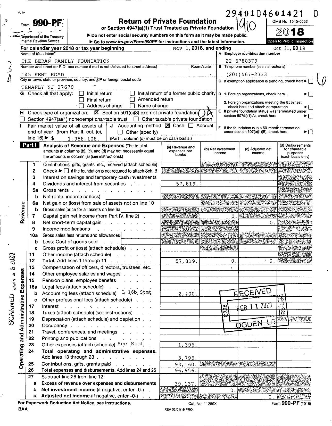 Image of first page of 2018 Form 990PR for The Beran Family Foundation