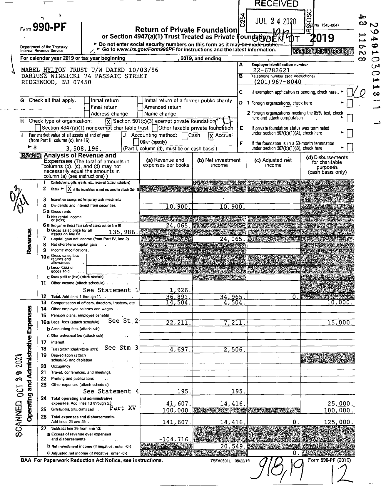 Image of first page of 2019 Form 990PF for Mabel Hylton Trust Uw Dated 10 / 03 / 1996