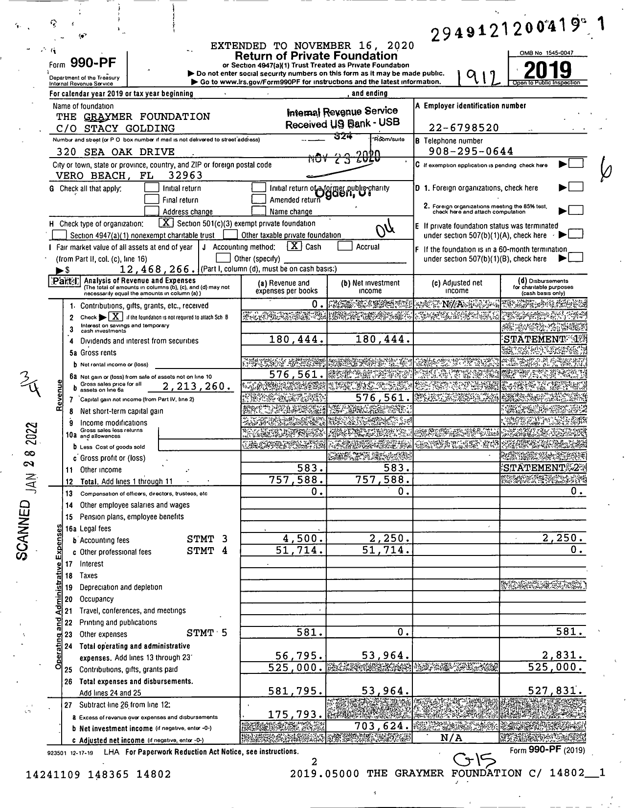 Image of first page of 2019 Form 990PF for The Graymer Foundation