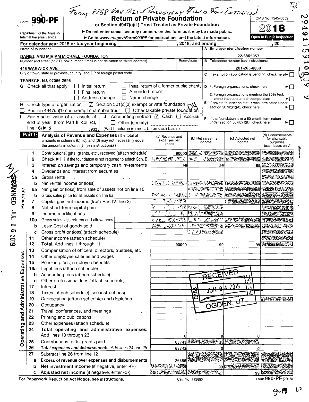 Image of first page of 2018 Form 990PF for Daniel and Miriam Michael Foundation