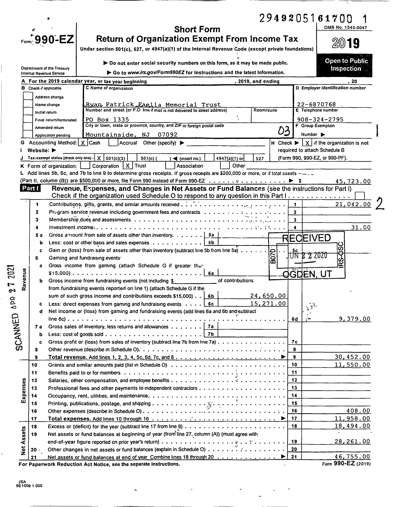 Image of first page of 2019 Form 990EZ for Ryan Patrick Faella Memorial Trust