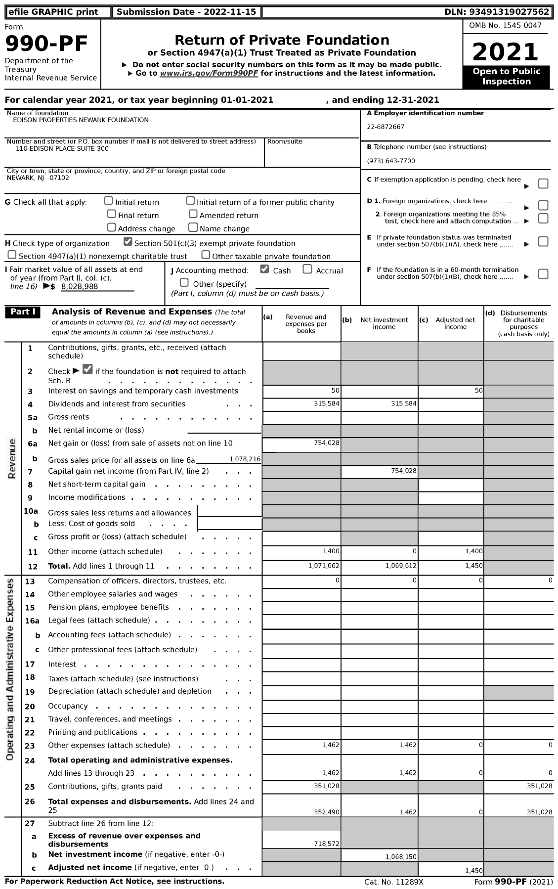 Image of first page of 2021 Form 990PF for Edison Properties Newark Foundation