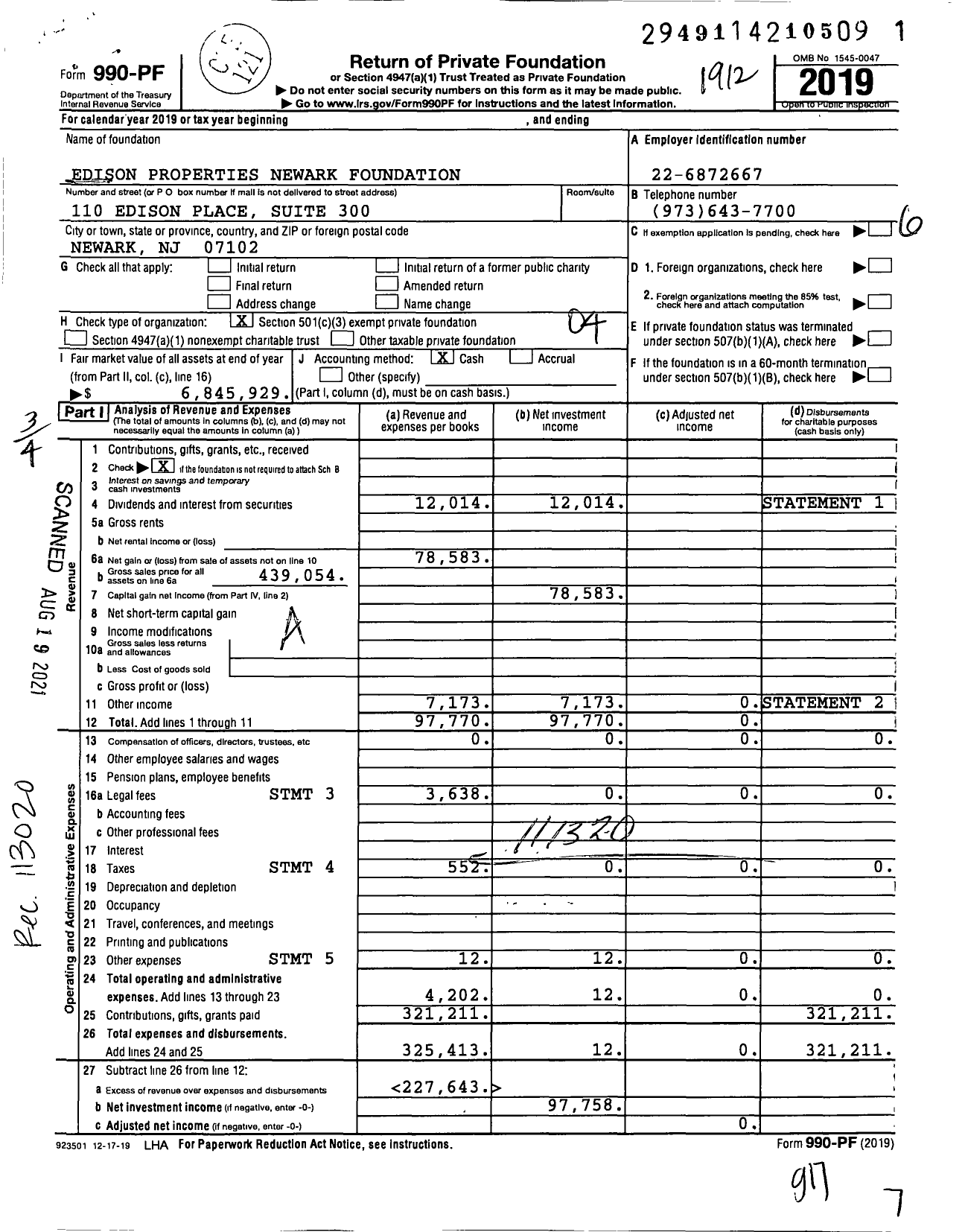 Image of first page of 2019 Form 990PF for Edison Properties Newark Foundation