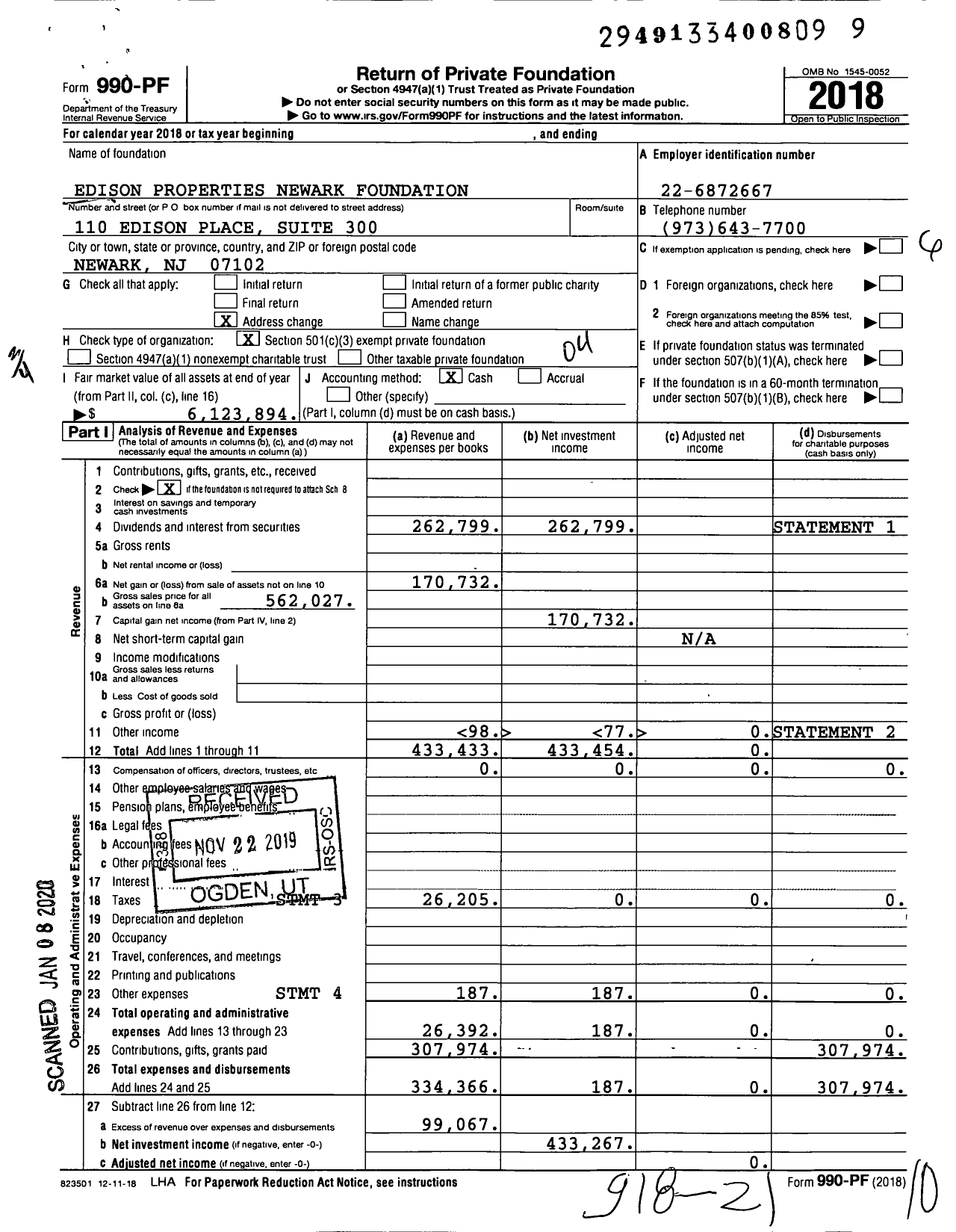 Image of first page of 2018 Form 990PF for Edison Properties Newark Foundation