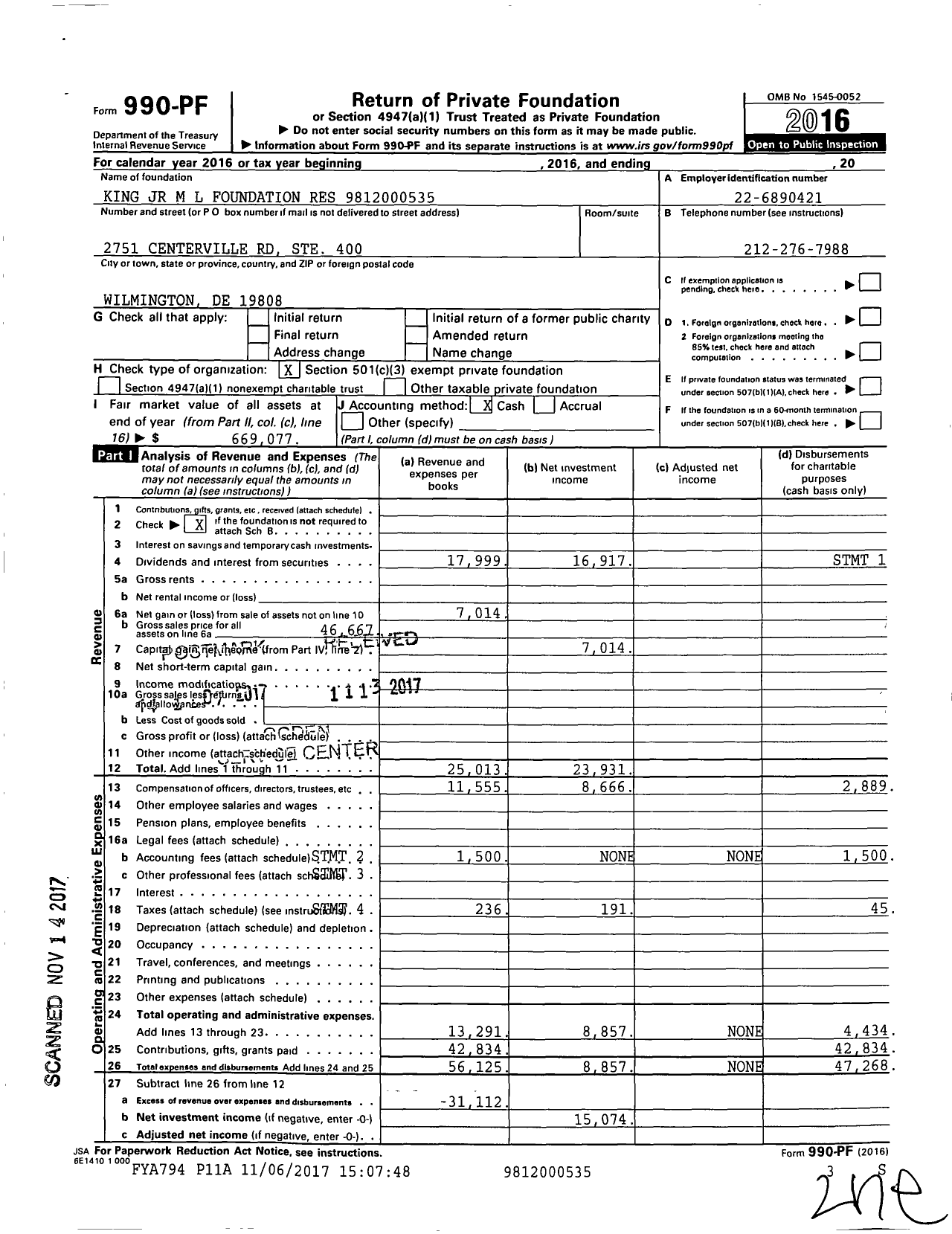 Image of first page of 2016 Form 990PF for King JR M L Foundation Res